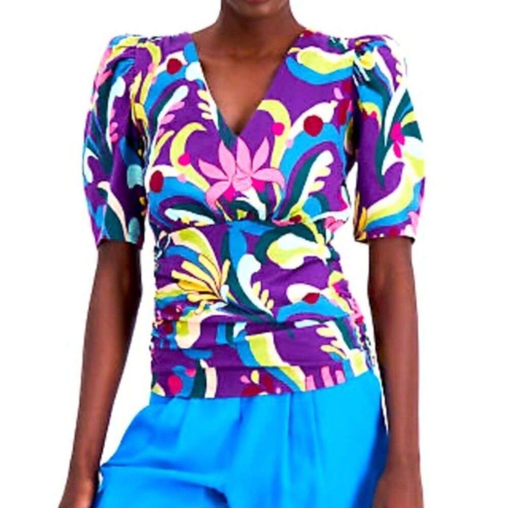 NWT International Concepts Purple Multicolor Blouse Ruched Side Colorful Sz L